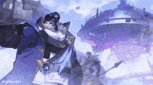 a man in a blue coat is standing in front of a purple and blue building .