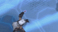 a person is holding a purple object in their hand in a video game