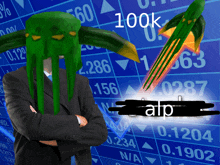 a man in a suit is standing in front of a stock chart with the word alp written on it
