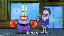 a cartoon of a man holding a microphone next to a crab with the word money on the bottom