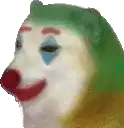 a husky dog with a clown face painted on it is wearing a green hat .