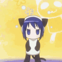 a cute anime girl is dancing in front of a yellow cat .