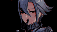 a girl with gray hair and red eyes is holding a gun in a dark room .