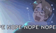 a cartoon character with glasses is making a funny face and the words nope nope nope are behind him .