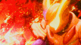 a cartoon character is surrounded by flames in a dark room
