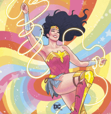a cartoon of wonder woman with the dc logo on the bottom right