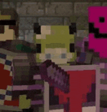a group of pixel art characters are standing next to each other .