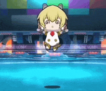 a cartoon character is jumping in the air in front of a sign that says online lobby .