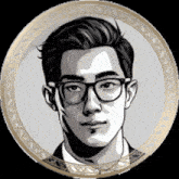 a black and white drawing of a man wearing glasses in a gold frame
