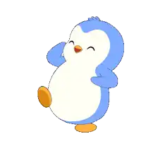 a blue and white penguin with orange feet is standing on one leg