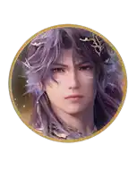 a picture of a man with purple hair and feathers on his ears