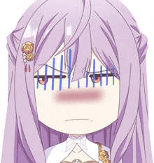 a drawing of a girl with purple hair and a sad look on her face