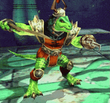 a green lizard with horns is holding a sword in a video game