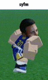 a man in a blue shirt is holding a bag of chips on a green field .