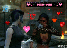 two women are standing next to each other with hearts around them and a sign above them that says toxic yuri