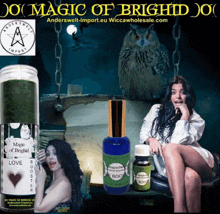 a bottle of magic of bright love booster sits next to a woman