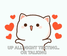 a cartoon cat is surrounded by red hearts and says up all night texting or talking