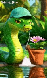 a cartoon snake wearing a blue hat is watering a flower pot