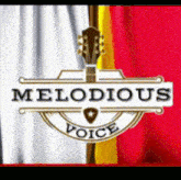 a sign that says melodious voice with a guitar headstock