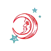 a drawing of a crescent moon with a face and stars
