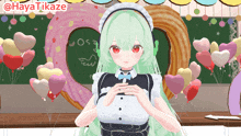 a girl with green hair is standing in front of a heart shaped donut and balloons with the hashtag @haya tikaze
