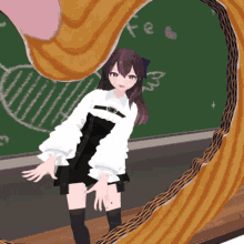 a girl with purple hair stands in front of a chalkboard with the word fe written on it
