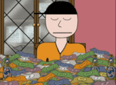 a cartoon of a man sitting in front of a pile of money that says the body on it
