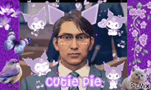 a picture of a man in a suit and tie with purple ears and the words cutie pie