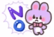 a purple bunny with a bow tie is standing in front of a speech bubble with the word no written on it .