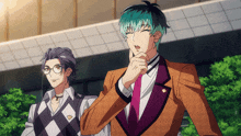 two anime characters are standing next to each other with one wearing glasses