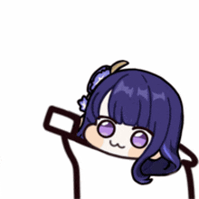 a cartoon of a girl with purple hair and purple eyes holding a stick .