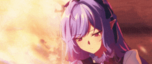 a girl with purple hair and red eyes looks down at something