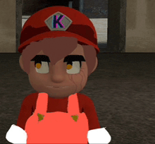 a cartoon character is wearing a red hat with a k on it