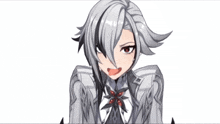 a cartoon character with gray hair and black eyes