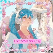 a girl with blue hair wearing headphones is surrounded by pink and purple beads