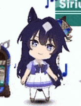 a little girl with purple hair is standing next to a jukebox and a lantern .