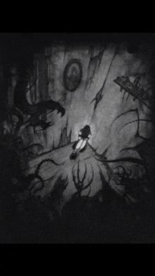 a black and white drawing of a girl in a dark room surrounded by monsters and a clock .