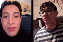 two young men are having a video call and one is wearing glasses and the other is wearing a striped shirt