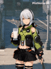 a girl holding a glass of milk with pixverse ai written on the bottom right
