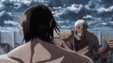 a couple of anime characters fighting each other with a cloudy sky behind them