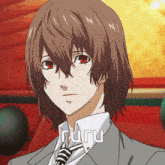 a man in a suit and tie with the word ruru written on his chest