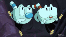 two cartoon characters standing next to each other with a netflix logo on the bottom