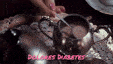 a woman is pouring sugar into a teapot with the words dolores diabetes written below it