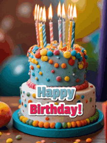 a birthday cake with lit candles and the words happy birthday on it