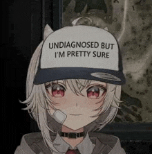 a girl wearing a baseball cap that says `` undiagnosed but i 'm pretty sure '' .