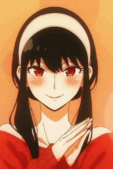 a girl with long black hair and red eyes is smiling