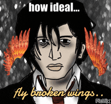 a drawing of a man with the words " how ideal ... fly broken wings " on it