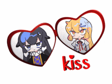 a couple of hearts with the word kiss in red
