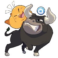 a cartoon drawing of a bull and a chicken with the letter o on the bull 's head