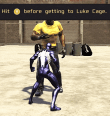 a man in a yellow shirt is standing next to a purple spiderman in a video game